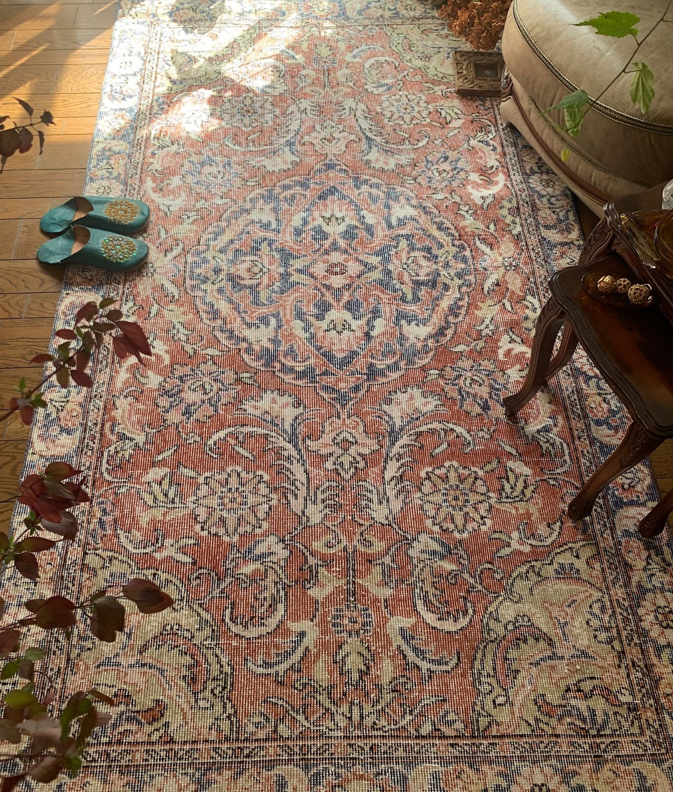 ペールオレンジ　大判222×121 シャビー　メダリオン　トルコヴィンテージラグ ペールオレンジ 222×121 シャビー メダリオン トルコ