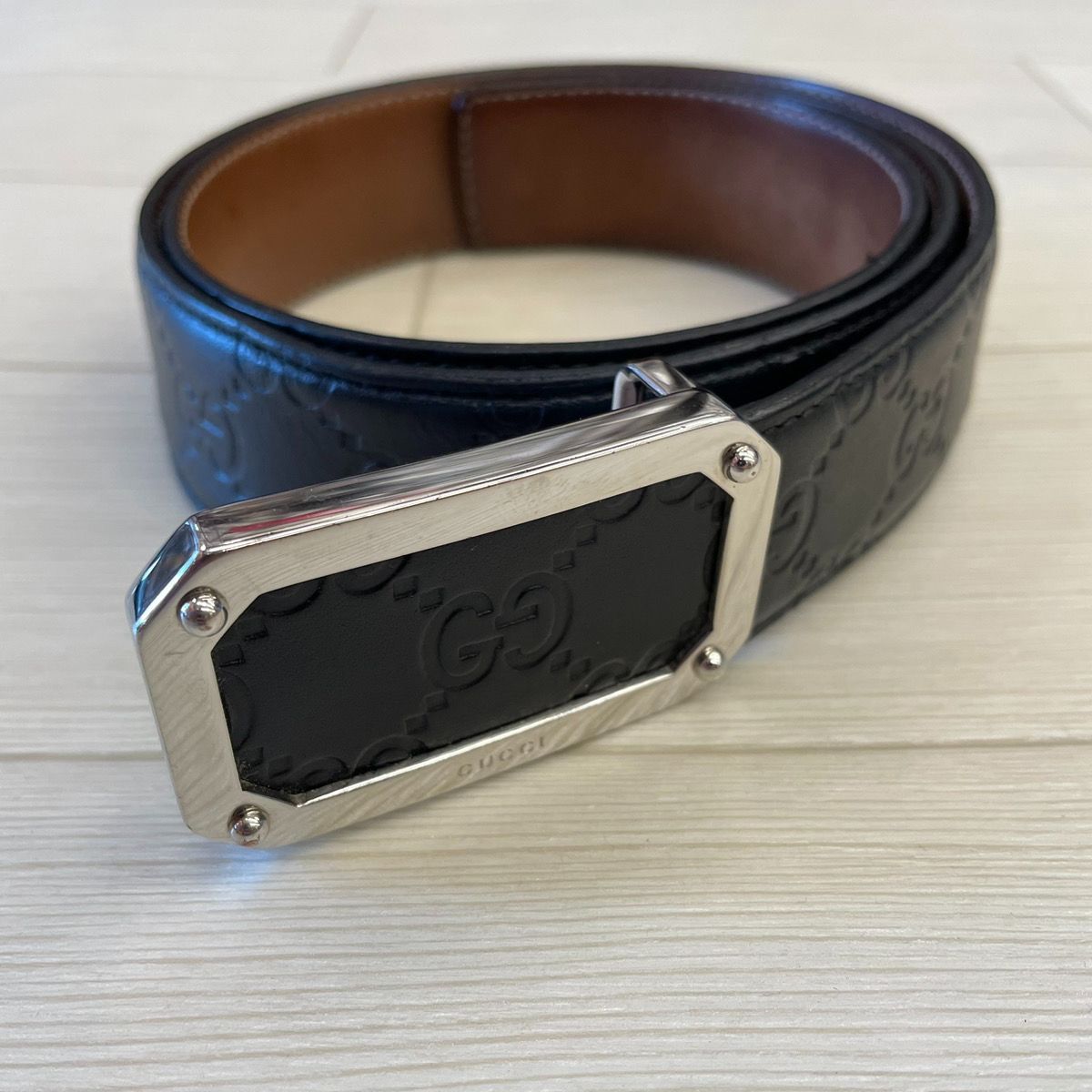 GUCCI グッチ  ベルト シグネチャー レザー スクエア バックル ブラック 403941 S-408
