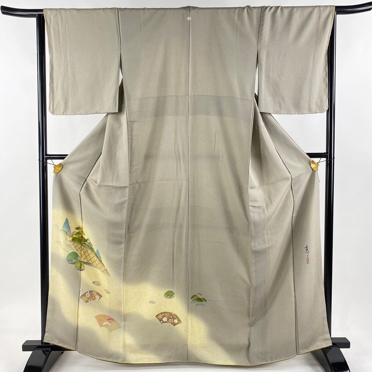 色留袖 身丈164cm 裄丈65cm M 袷 松井青々 落款 扇面 樹木 金銀彩 ぼかし 灰緑 正絹 一つ紋