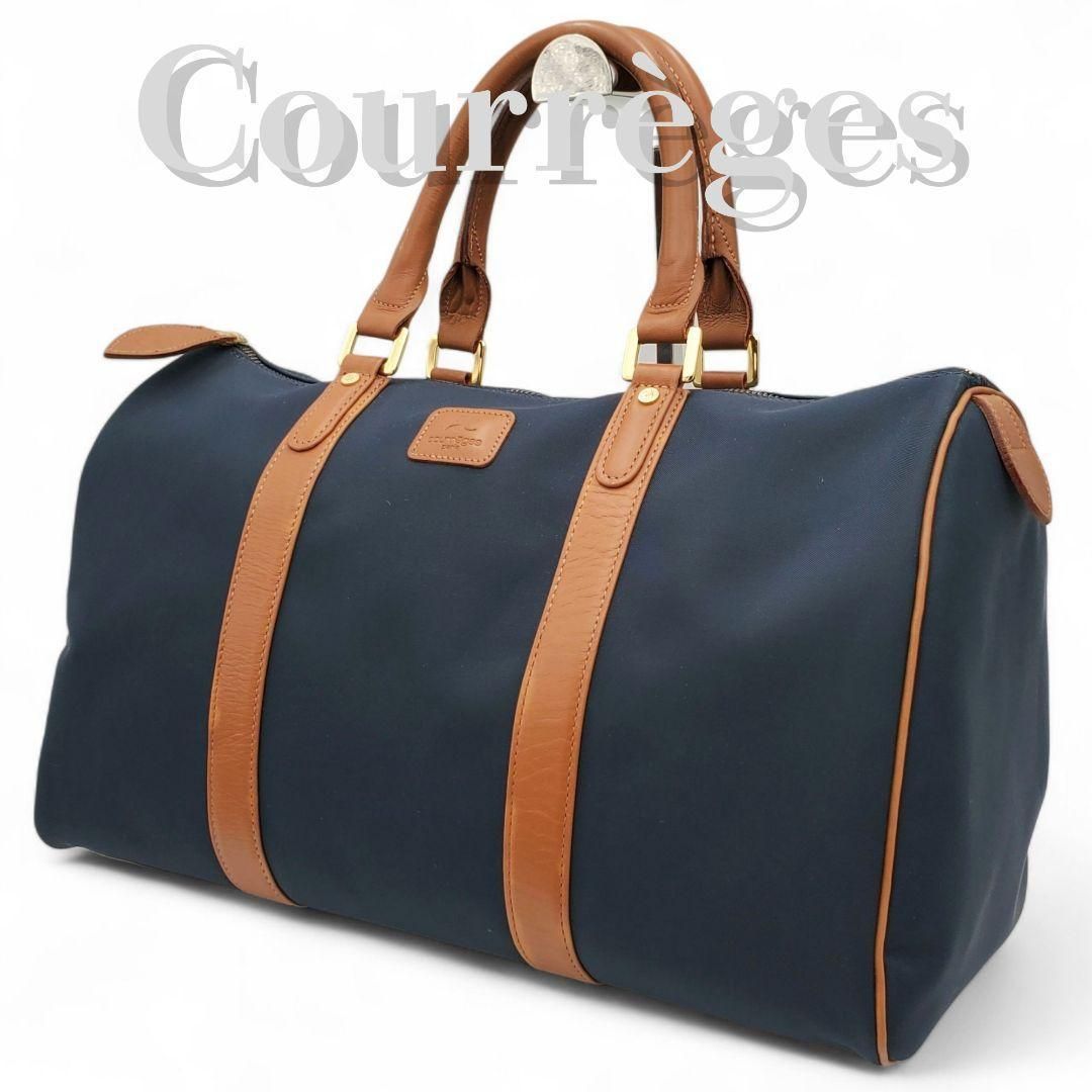 Courreges Boston bag nylon leather navy クレージュ ボストンバッグ ナイロン レザー ロゴ 大容量 旅行