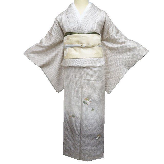 訪問着 着物 中古 正絹 袷 紋付き 洒落紋 総絞り 鹿の子絞り