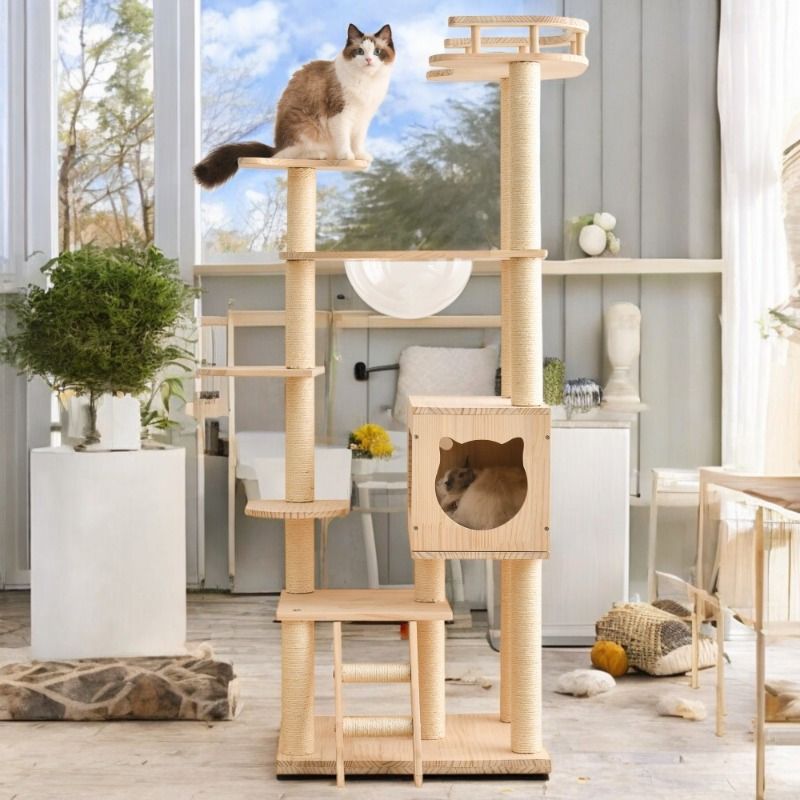 透明宇宙船デザインのマルチレベル木製キャットタワー - 耐久性があり ファッショナブルなペット構造 快適な麻紐キャットベッド＆ネイルボールおもちゃ付き 室内使用に安全