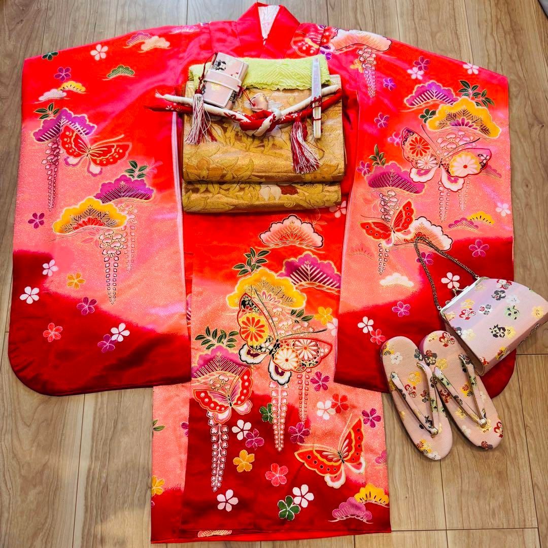 O美品 七五三 7歳 フルセット 女の子 子供 絹 着物 襦袢 帯 赤 ピンク