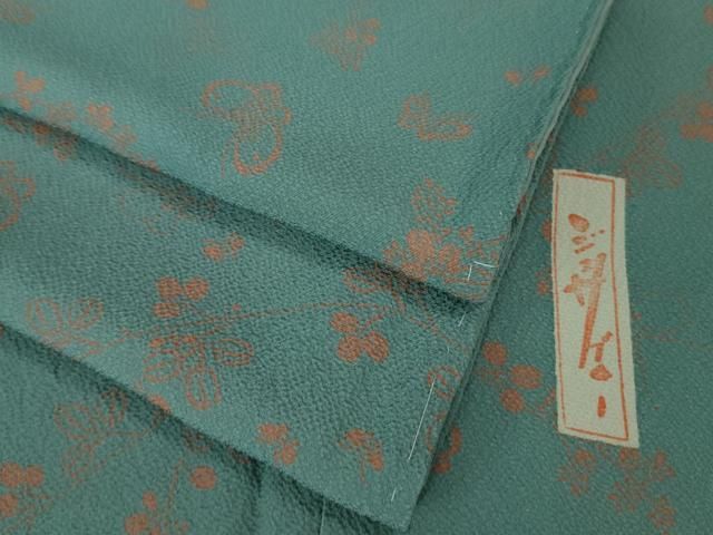 平和屋着物■極上　世界的人形師　辻村寿三郎　ジュサブロー　小紋　舞蝶花文　錆浅葱色地　鬼しぼ縮緬　逸品　DZAA8489kh5 平和屋着物□極上 世界的人形師 辻村寿三郎 ジュサブロー 小紋 舞蝶