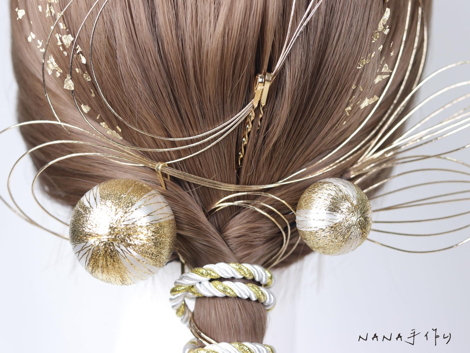 在庫処分』 和玉 水引髪飾り ホワイト [NANA手作り]髪飾り 紐装飾 金箔