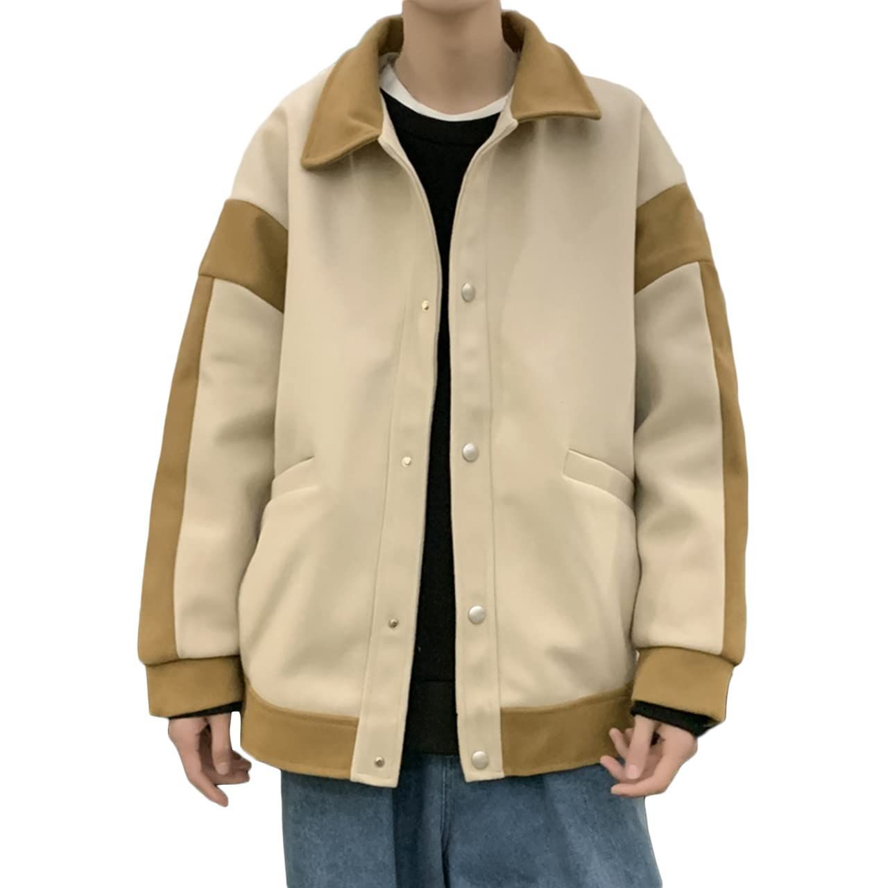 XL_ベージュ [リディーコロ] バイカラー カジュアル ジャケット ドロップショルダー メンズ ブルゾン コート スナップボタン 厚手 防寒 防風 暖かい 春 ワイド 長袖 韓国風 ラフ オーバーサイ