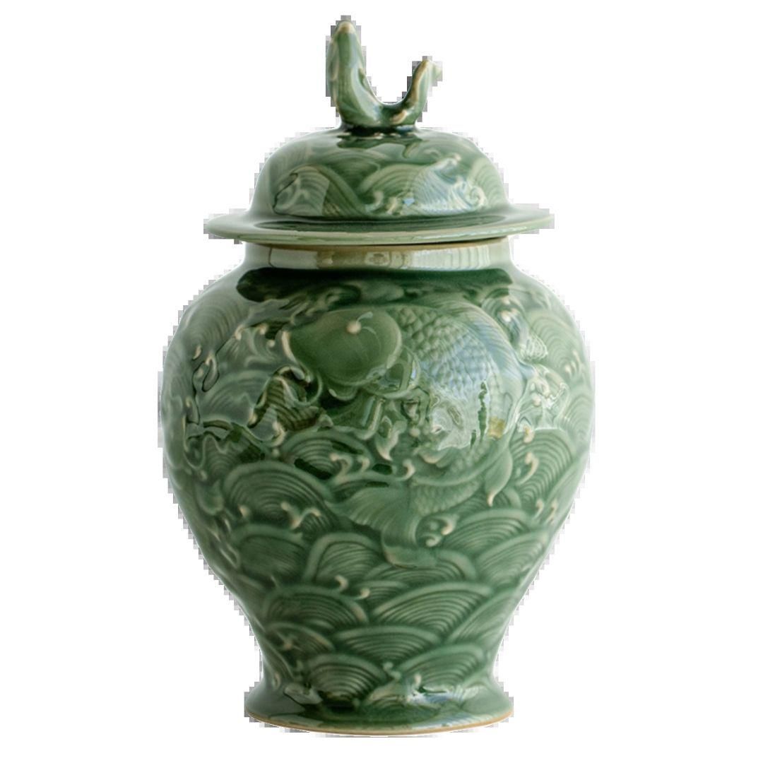中国美術 青磁浮彫り錦鯉茶筒 茶器 茶入れ 青磁 茶道具 新品未使用 中国美術 青磁浮彫り錦鯉茶筒 茶器 茶入れ 青磁 茶道具 新品未