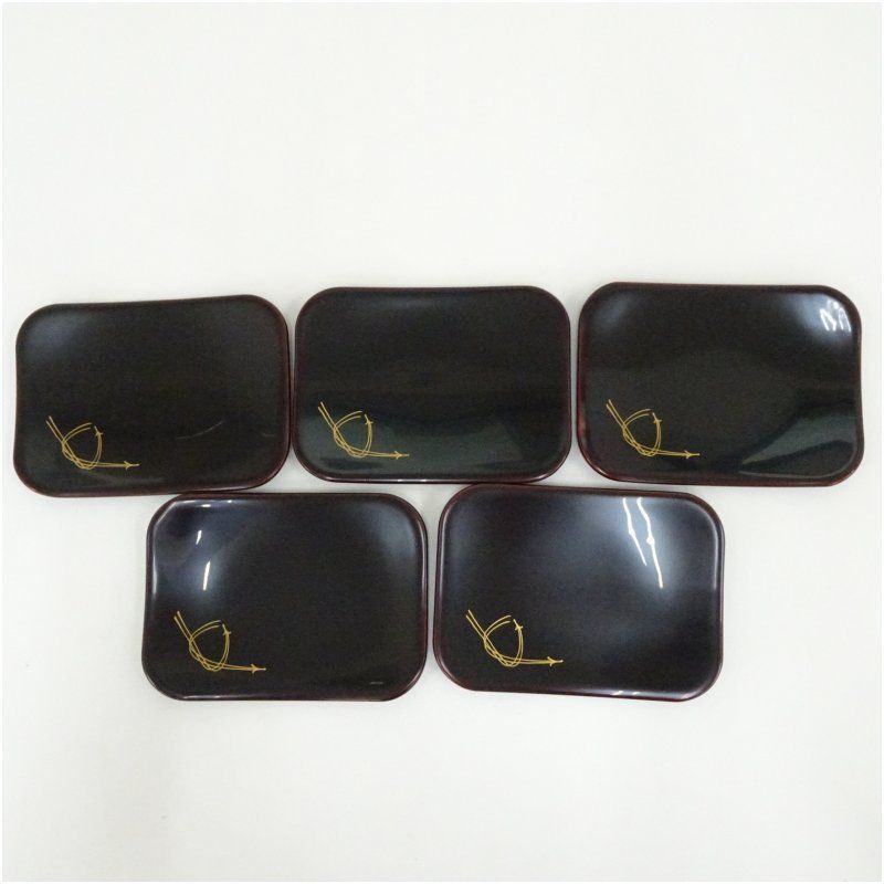茶道具　銘々皿　五客組　粟絵　一閑　ヘギメ　服部峻昇　共箱　漆器　菓子器　工芸 茶道具 銘々皿 五客組 粟絵 一閑 ヘギメ 服部峻昇 共箱 漆器
