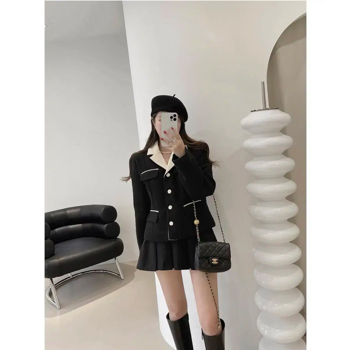 レディース ベルベット キルティング ジャケット プリーツ ミニ スカート セット