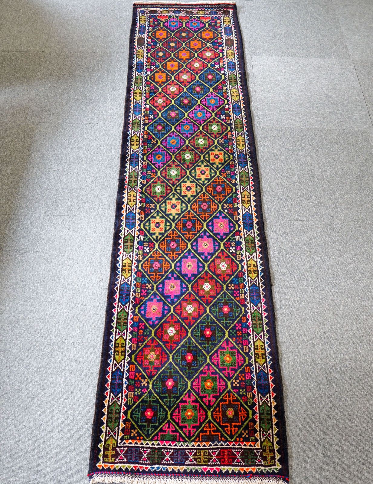231×55cm アフガニスタン手織り絨毯 ランナー トライバルラグ