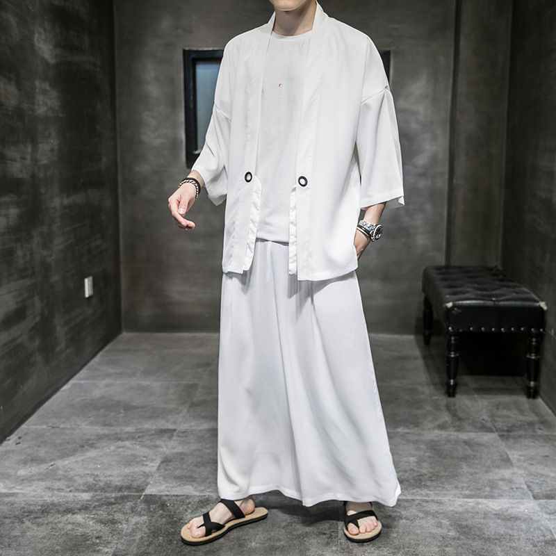人気メンズ 羽織 上下セット夏 甚平 ジャージ カーディガン セットアップ サルエルパンツ 和服 涼しい 部屋着 花火大会 浴衣風 袴 祭り白 M-5XL