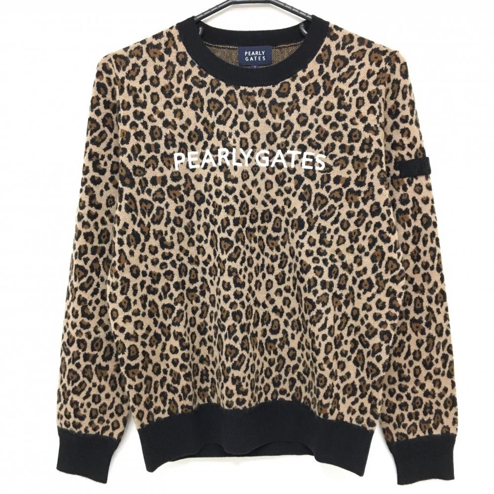 パーリーゲイツ セーター ベージュ系×黒 レオパード柄 ロゴ白 カシミヤ混 ニット レディース 1 M ゴルフウェア PEARLY GATES
