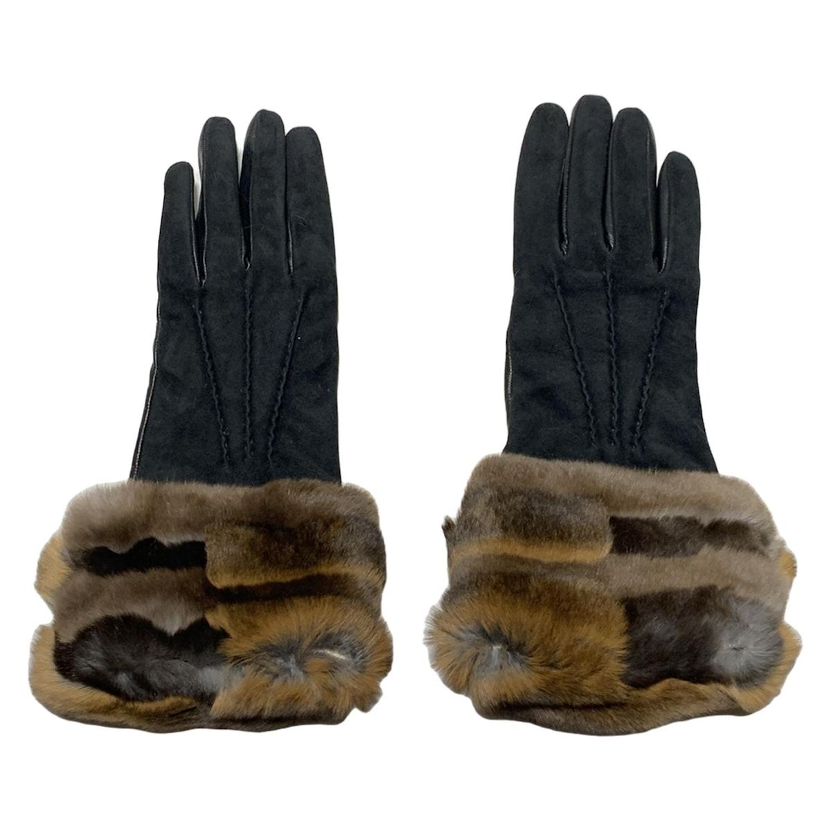 WAKO ワコー 手袋 レディース - 黒×ダークブラウン×ブラウン 内側カシミヤ レザー ファー