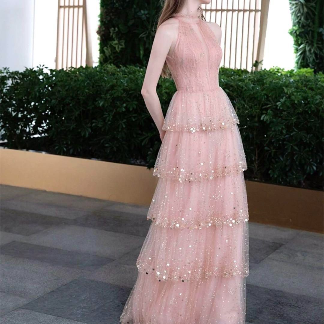 レディースファッション スパンコールにフリルがゴージャスなホルターネックロングドレス