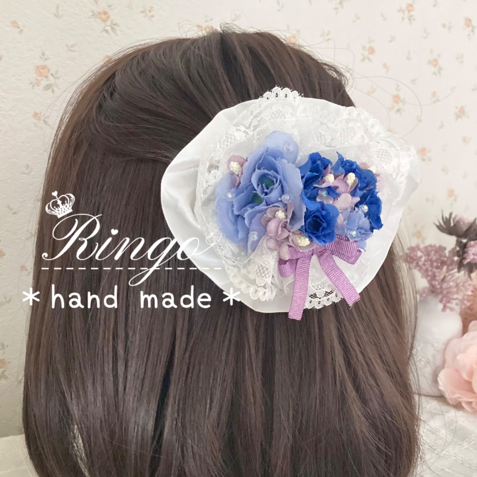 ハンドメイド バレッタ 白×ブルーローズリボン ヘアピン 青い薔薇 姫系 