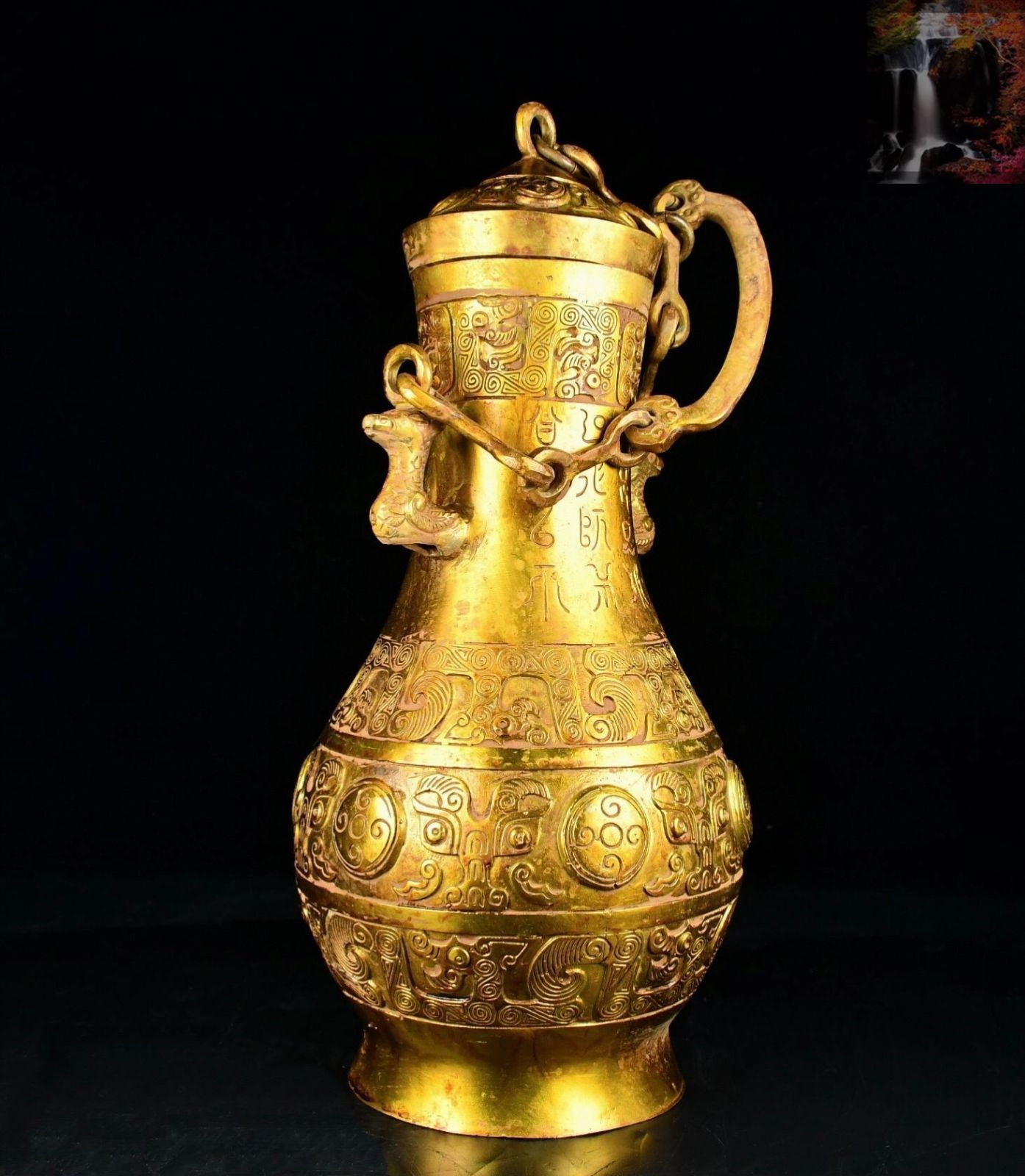 旧蔵　春秋戦国　三足酒盃青銅器　副葬品　出土本物保証　古美術　アンティーク骨董品 旧蔵 時代物 春秋戦国時代 青銅酒器 神獣蓋付き 三足式