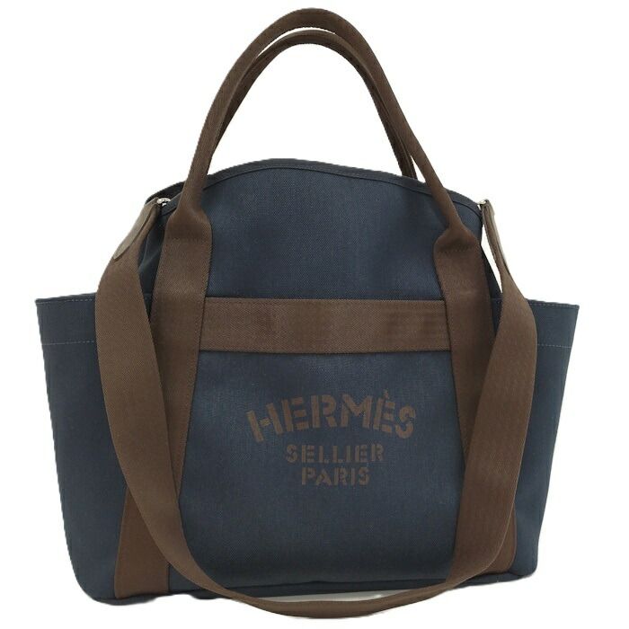 HERMES 2WAY ショルダーバッグ サックドパンサージュ グルーム キャンバス ネイビー系 U刻印