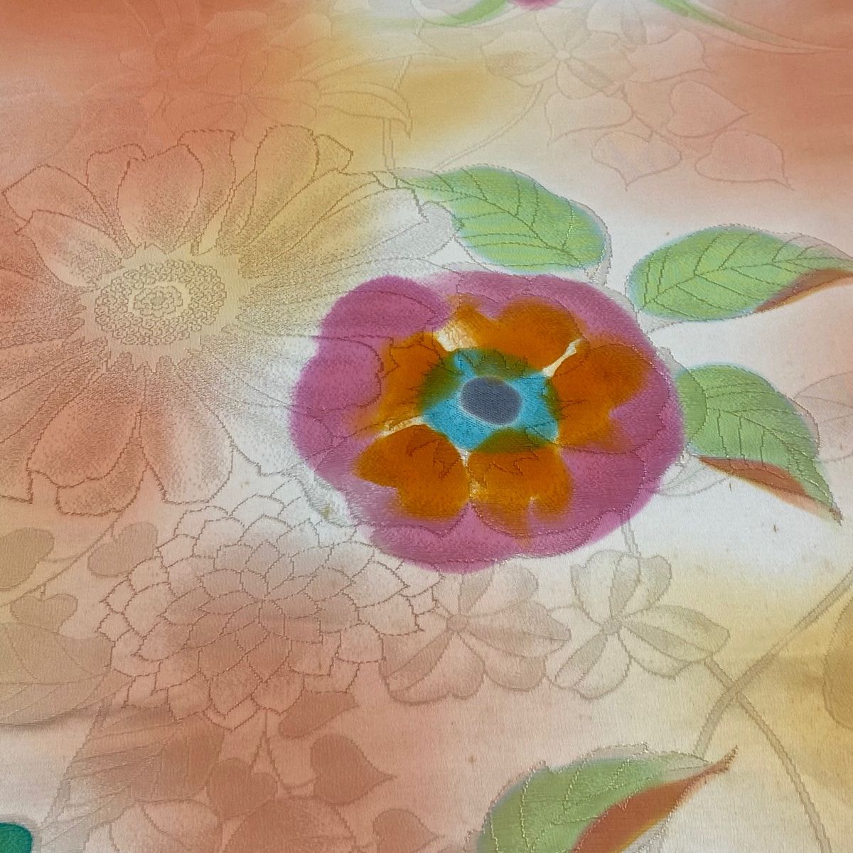 反物 秀品 小紋 草花 地紋 ぼかし 薄オレンジ 正絹