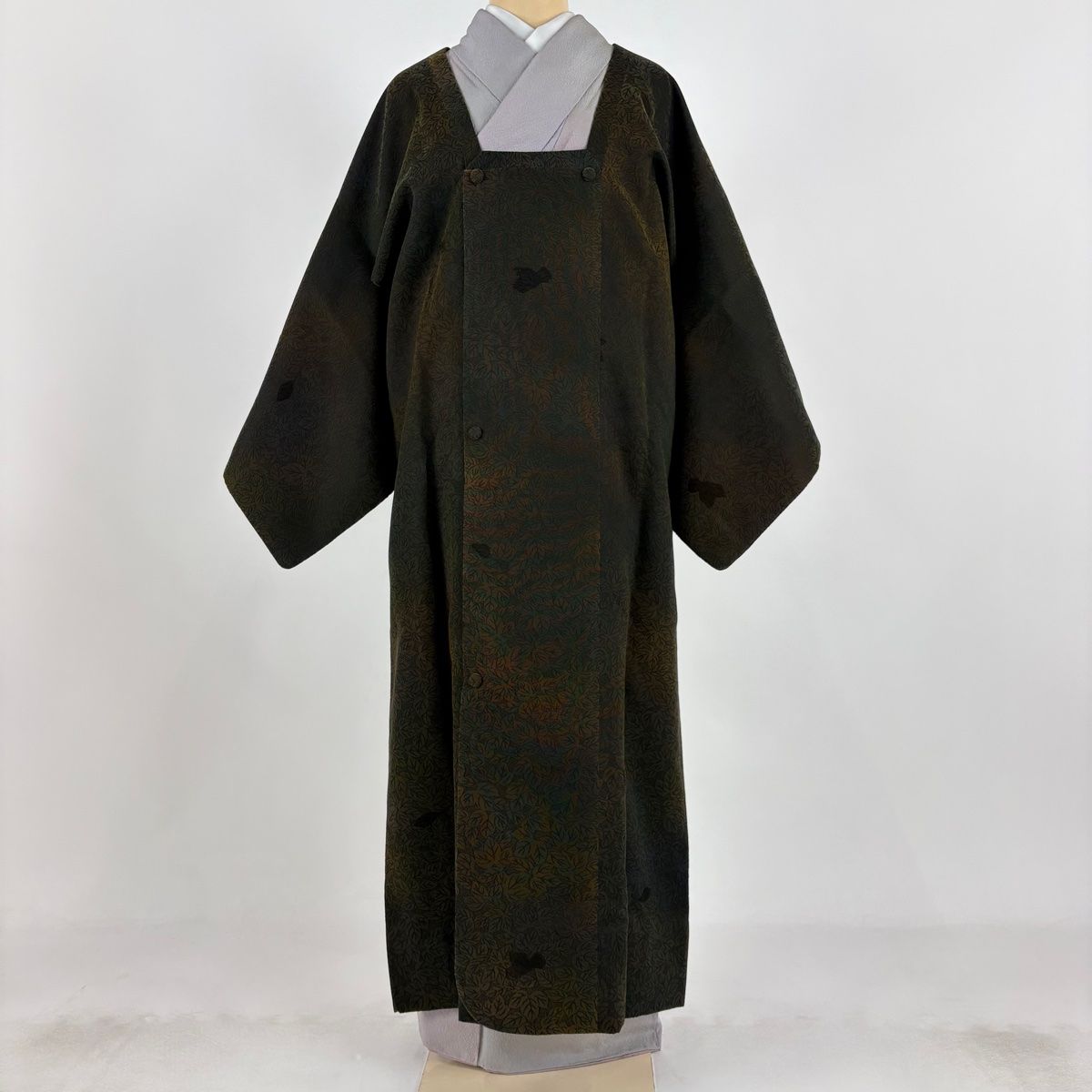 道行 身丈131cm 裄丈65cm M 和装コート 角衿 葉 焦茶色 正絹 名品