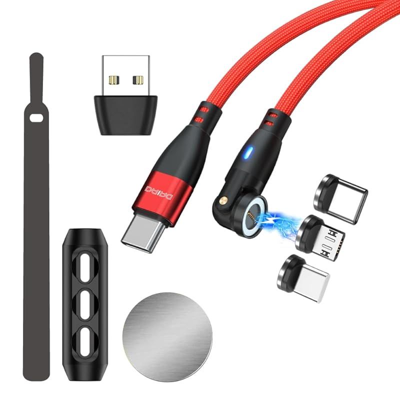 DAIAD マグネット充電ケーブル 3in1 9ピン PD 100W USB C Type-C MicroUSB eMarker 5A 急速充電 データ転送 540度回転 LED ナイロン 防塵 全機種対応 (レッド， 1m)