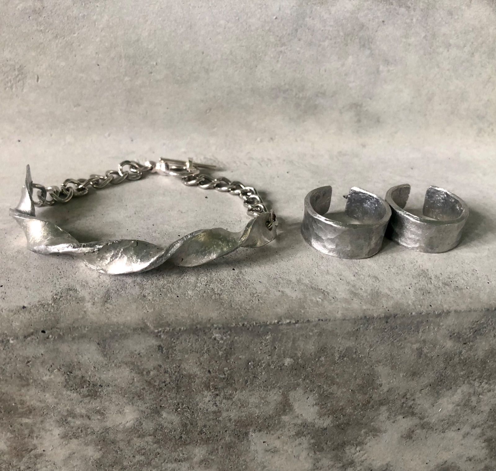 錫製 槌目 オープンリング ツイストブレスレット ハンドメイド セット 