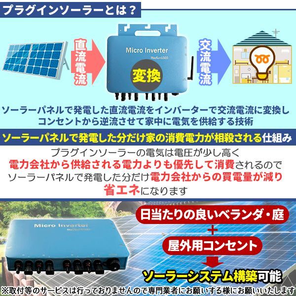 工事不要で太陽光発電 プラグインソーラー 1500W マイクロインバーター ソーラーパネル無 電気代節約 - メルカリ