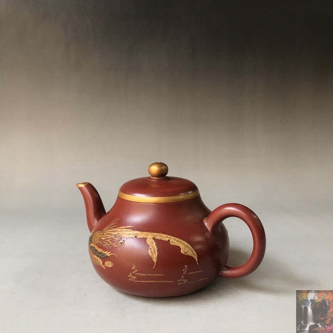 旧家蔵出し 宜興紫砂壷 描金 顧景舟 鳳紋 大紅袍 紫砂壷 茶道具