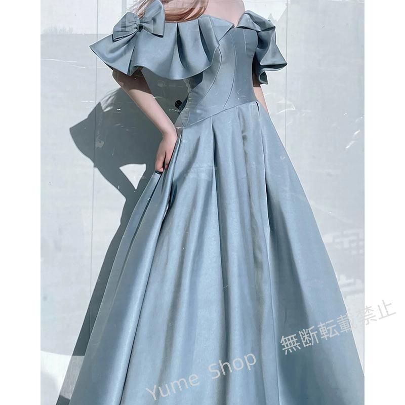 ドレス ブルー リボン オフショルダー 前撮り 披露宴 ロングドレス 結婚式 二次会 発表会 演奏会 ウェディングドレス ウエディングドレス Aラインドレス nhdw15 NOITHATQUANGTHANH_NET