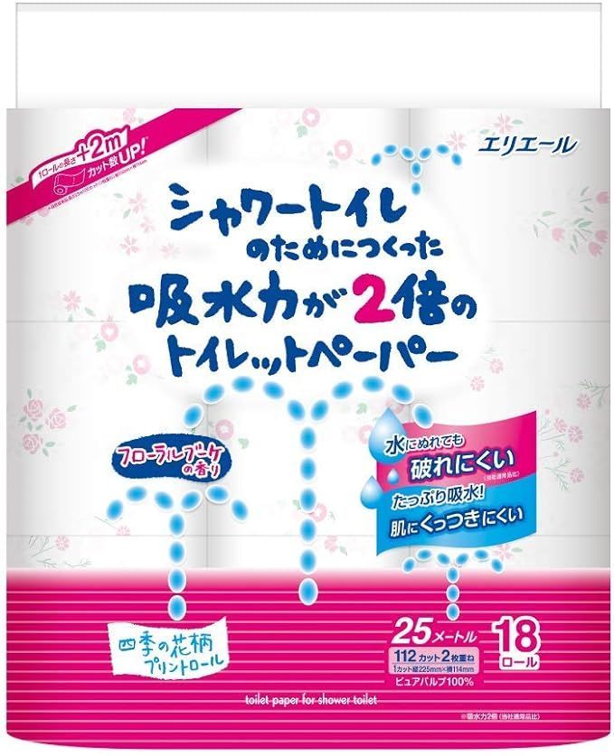 ケース販売 エリエール シャワートイレのためにつくった吸水力が2倍のトイレットペーパー 25m 112シート ×18ロールダブル パルプ100％ フラワーブーケの香り ×8個