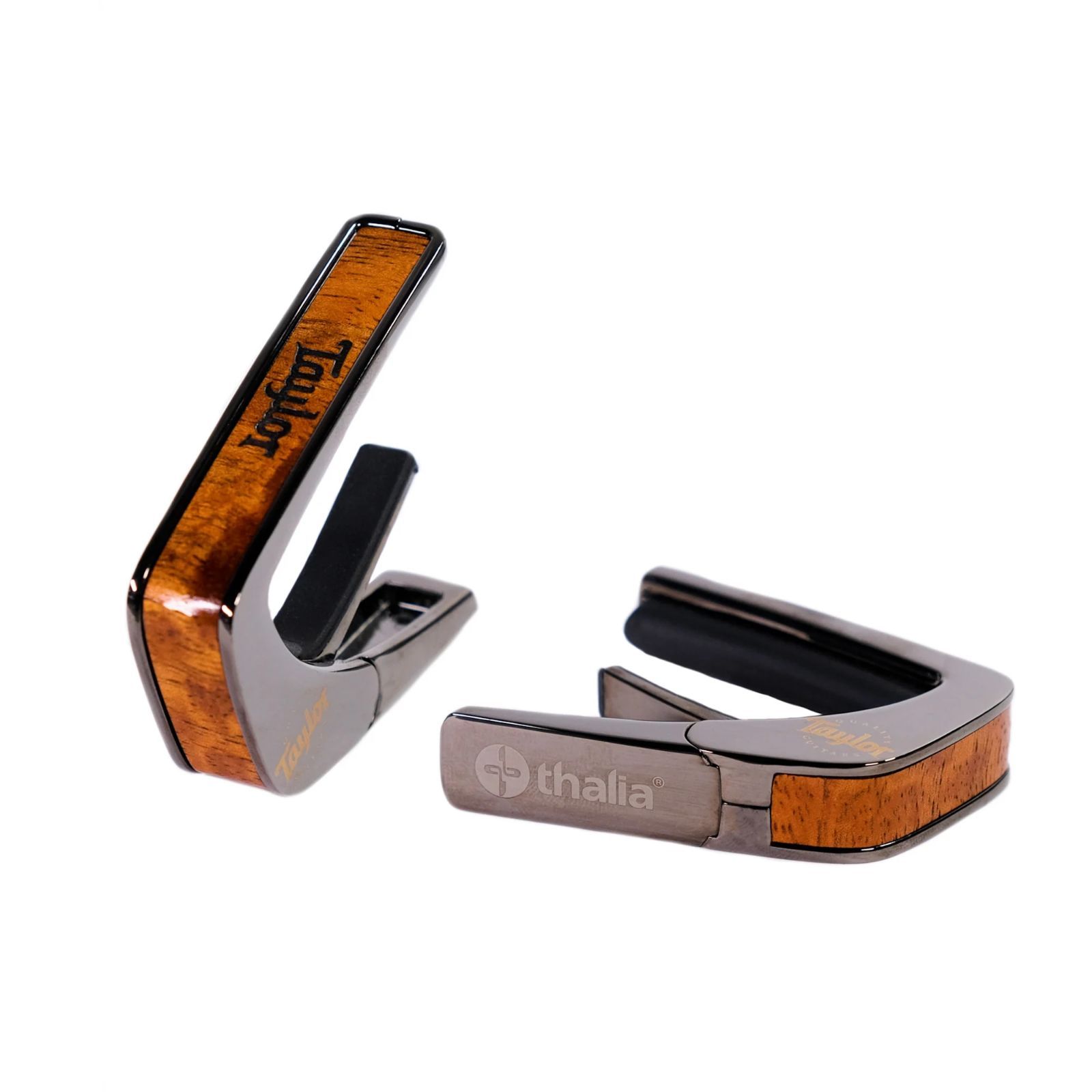 Thalia Capos Taylor AAA Curly Hawaiian Koa Logo Engraving Black Chrome Officially Licensed Capo