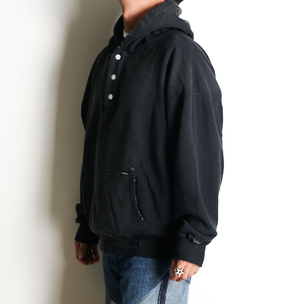 KAMIYA/カミヤ】Distressed Henry Neck Hoodie - BLACK / ヘンリー 