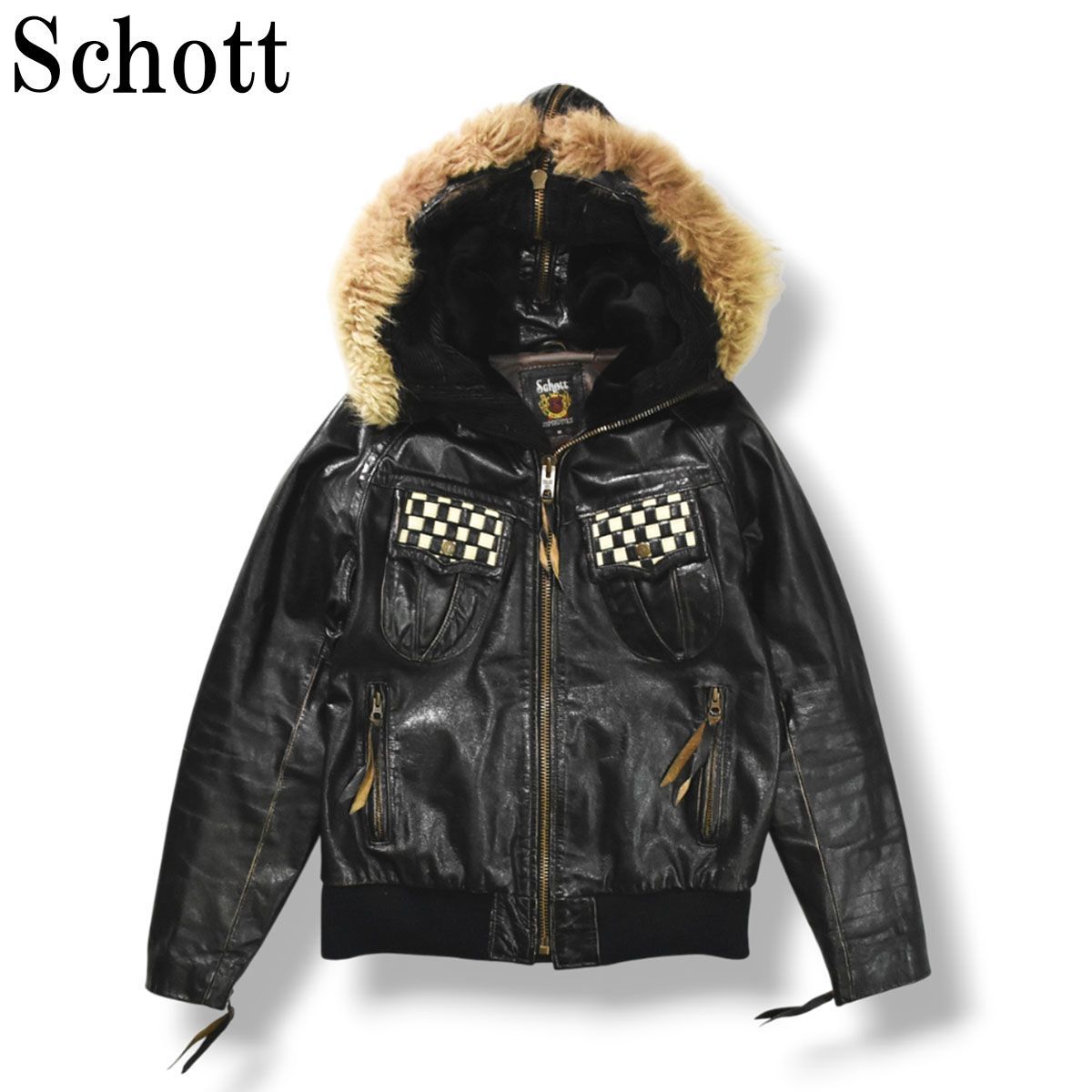希少デザイン】 ショット Schott エンブレムタグ フードファー レザー 
