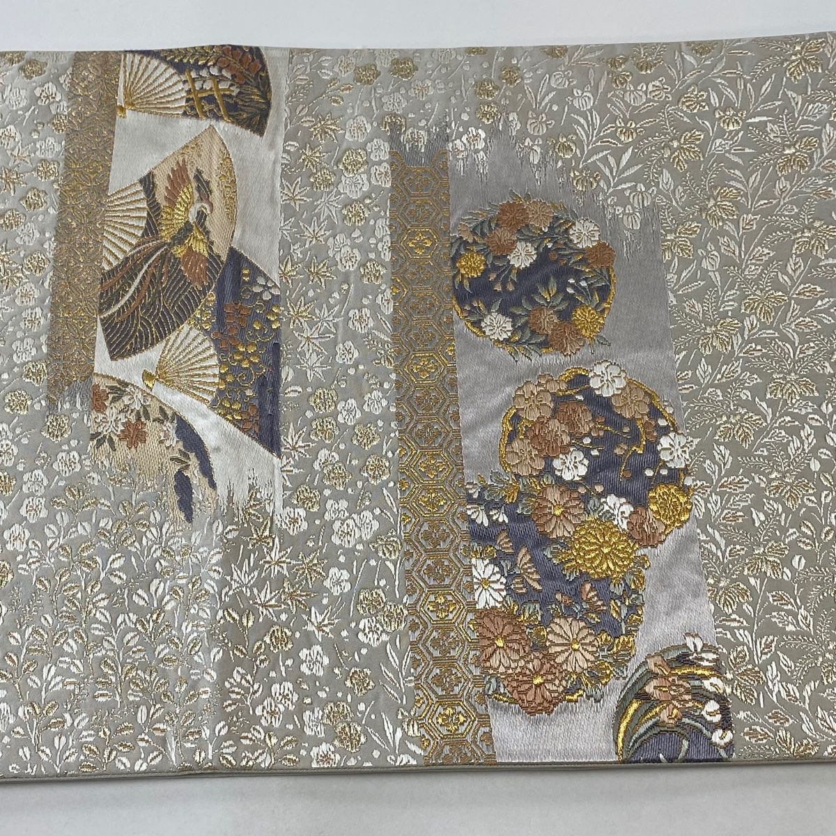 藤の花 牡丹 丸菊 銀 菱形紋様 正絹 袋帯 二重太鼓 作り帯 菱形文様 ダイヤ 華丸 菊 金 正絹 袋帯 作り帯 簡単つけ帯