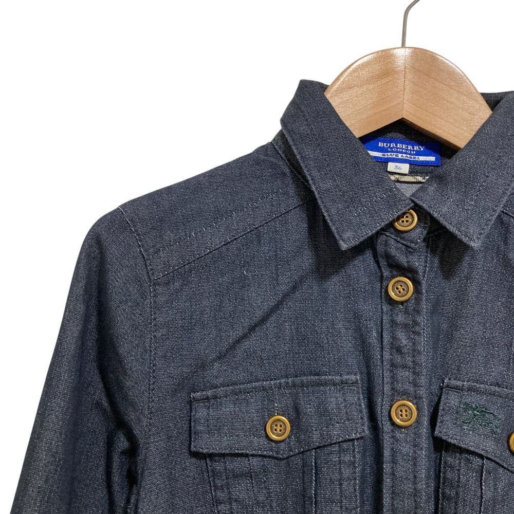 BURBERRY BLUE LABEL バーバリーブルーレーベル ストレッチ ベルト付き 七分袖 デニムワンピース サイズ36 ネイビー レディース 古着