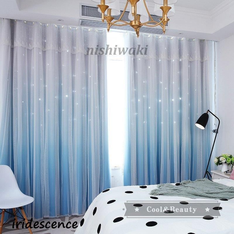 KEYUKA 窓幅広い 水色ストライプドレープカーテンと模様入りの
