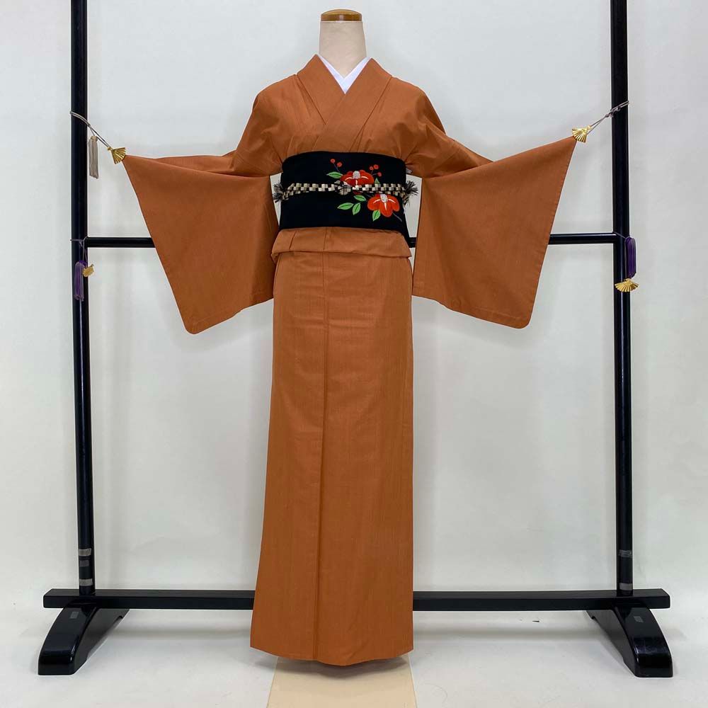 すぐ着れる！紬単衣着物セット 単衣 紬 訪問着 一つ紋 花の縞 ゆったりサイズ - からん