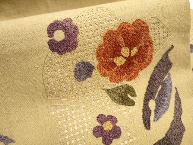 平和屋着物▽中国三大刺繍 相良刺繍 九寸名古屋帯 スリーシーズン帯 春夏秋 紬地 刺し子 総刺繍 和紙 番傘 正絹 逸品 未使用 DAAZ0301ps 平和屋着物○中国三大刺繍 スワトウ相良刺繍 総刺繍 太鼓柄袋帯 紬地