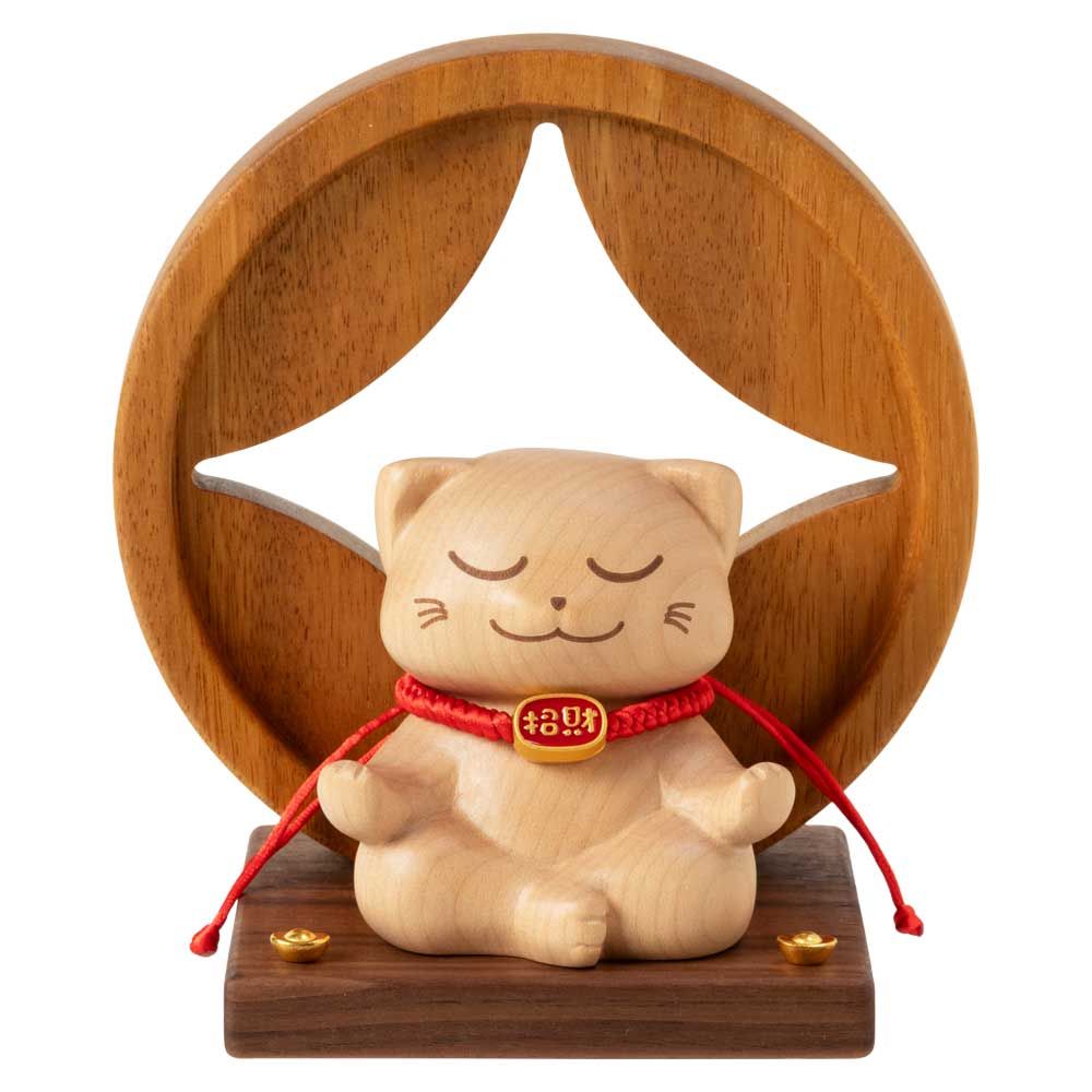 木製 金運 福招き座禅猫 卓上招き猫 ラッキーキャット