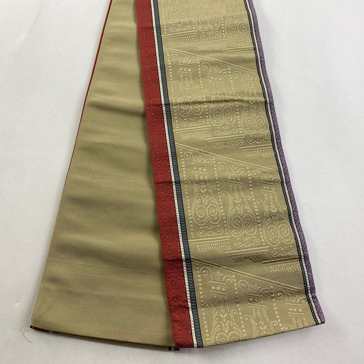 半幅帯 秀品 縞 幾何学模様 灰緑 正絹