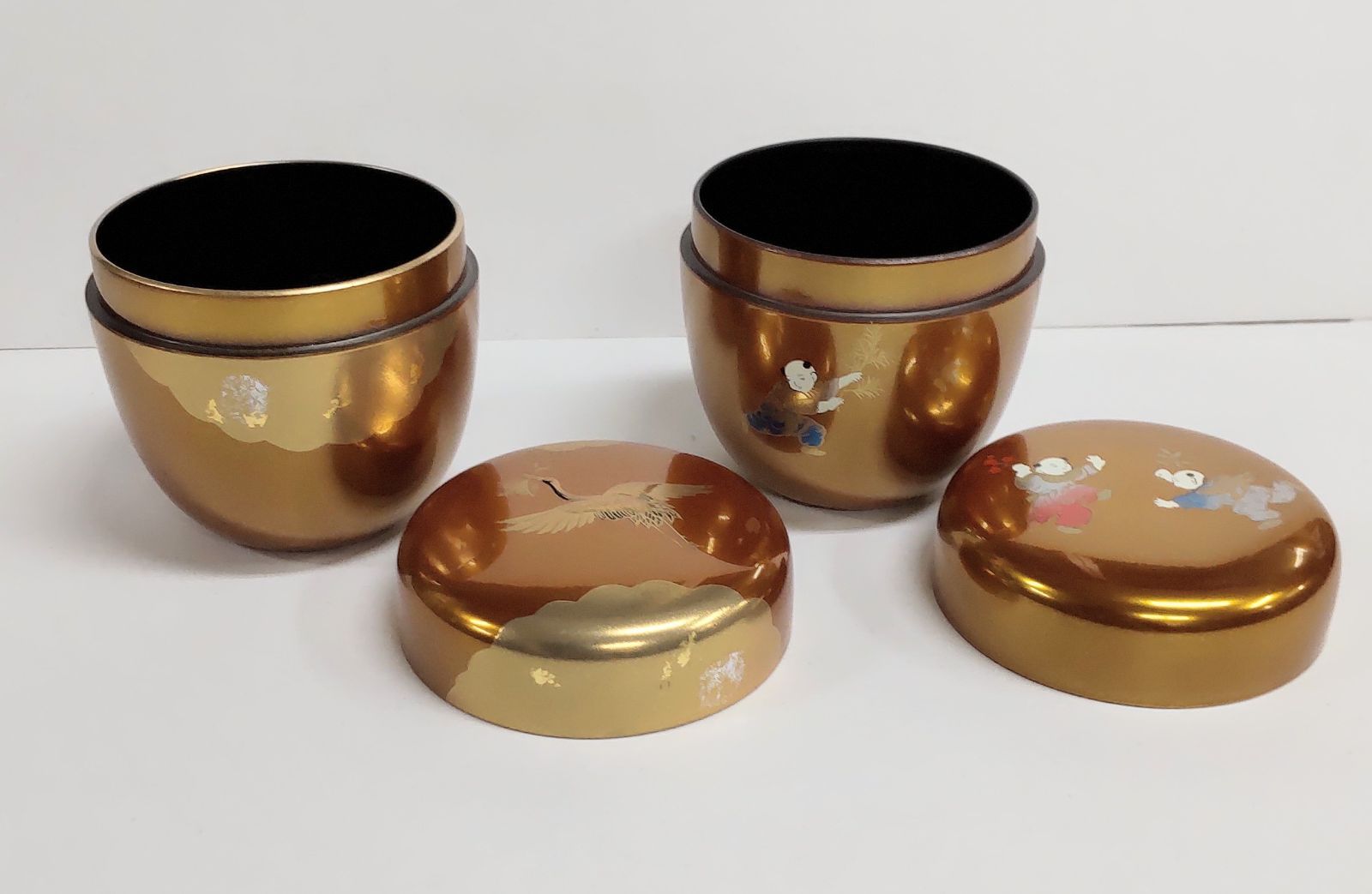中棗朱金地雲鶴蒔絵 朱金地唐子蒔絵セット
