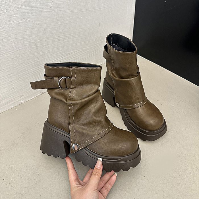 ショートブーツ レディース ショート丈 ウエスタンブーツ ブーツカバー ラウンドトゥ PU 厚底 履きやすい 歩きやすい おしゃれ アンクルブーツ ブラック カーキ 美脚 脚長効果抜群 お出かけ 秋冬