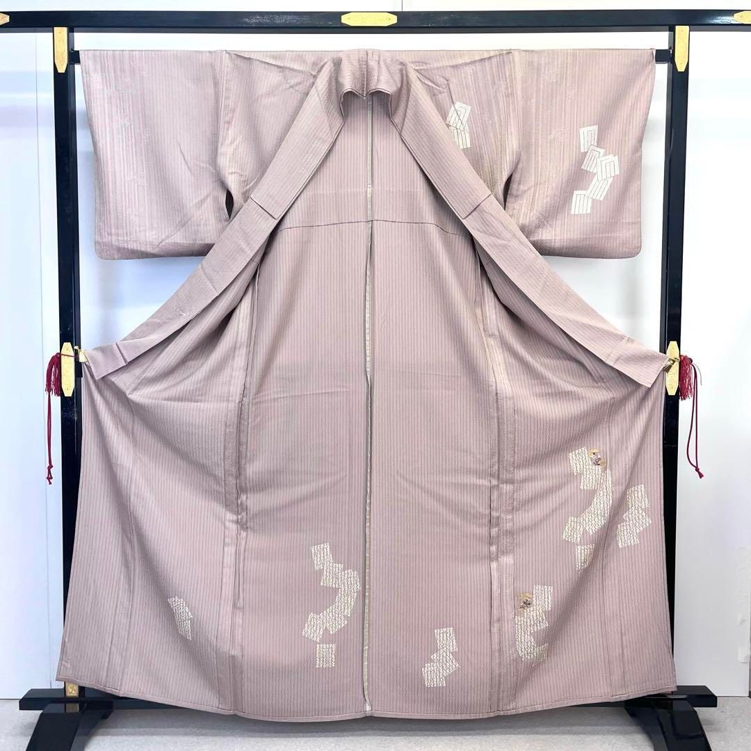 単衣 付下げ 源氏香 花柄 縦縞模様 惚色 K-3991