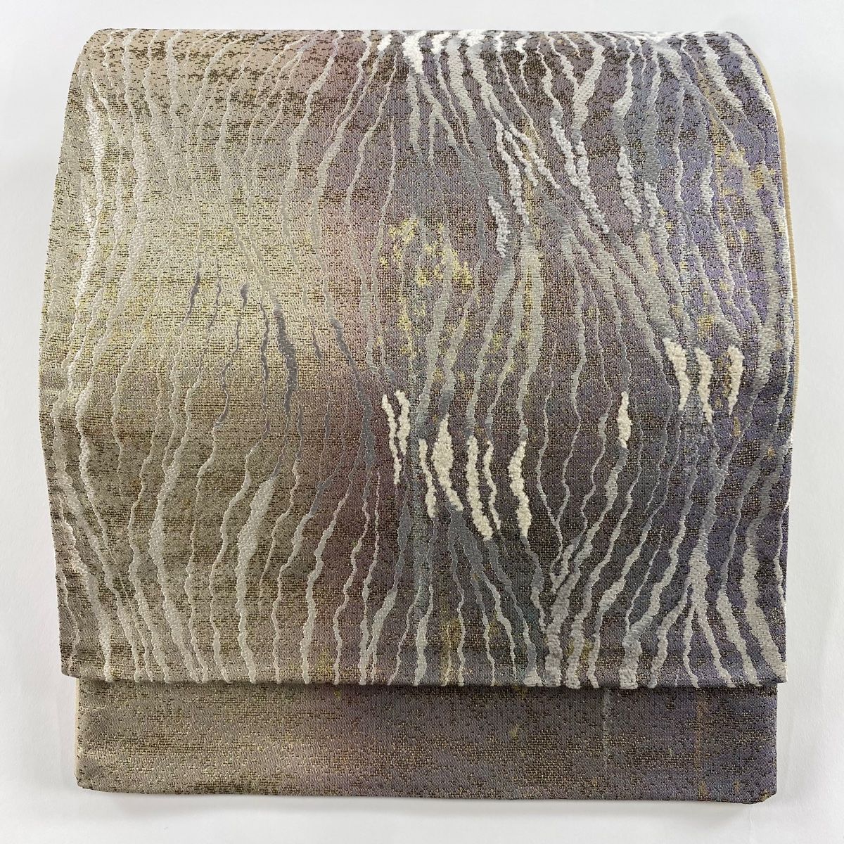 袋帯 秀品 幾何学模様 金糸 箔 灰紫 六通 正絹