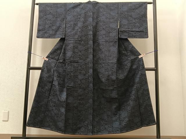 大島紬 身丈163cm 裄丈65cm M 袷 純泥染 証紙 草花 濃紺 正絹 秀品