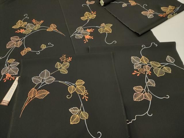 蘇州刺繍　反物　羽尺 平和屋着物▽羽織 反物 羽尺 刺繍 蔦草花文 黒地 金彩 丹後