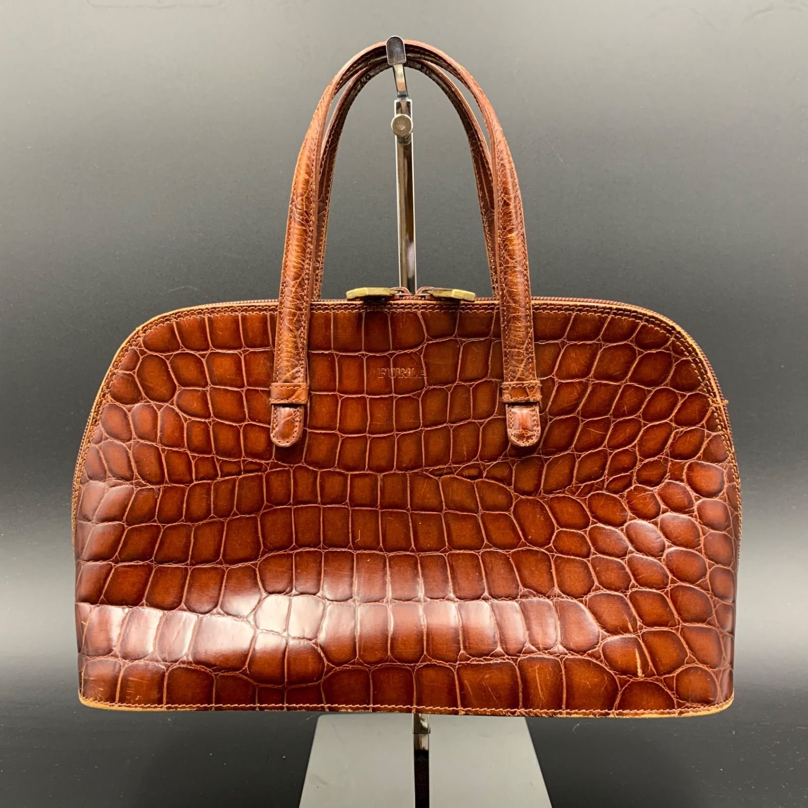 41 FURLA フルラ クロコ 型押し ハンドバッグ ブラウン - メルカリ