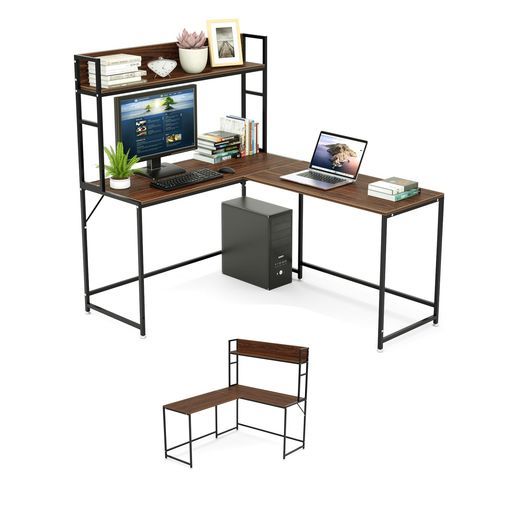 DEWELl字デスク収納ラック付き机pcデスクパソコンデスク幅150cmラック付きデスク左右入替 ワークデスクテレワーク用コーナーデスクL字型ゲーミングデスクモニターアーム対応勉強机学…