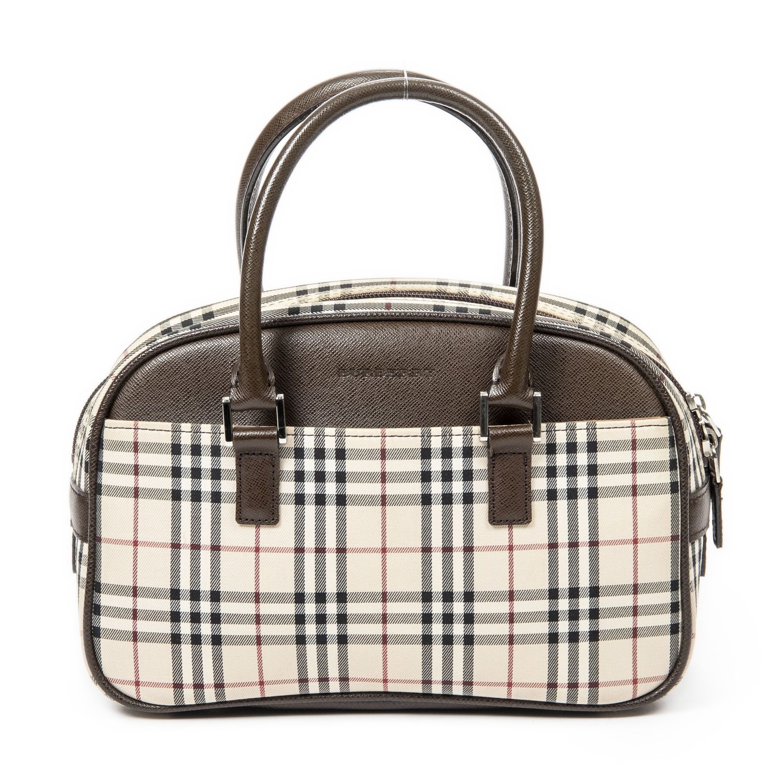 Burberry バーバリーミニボストンベージュ|ダークブラウンノバチェックキャンバスA