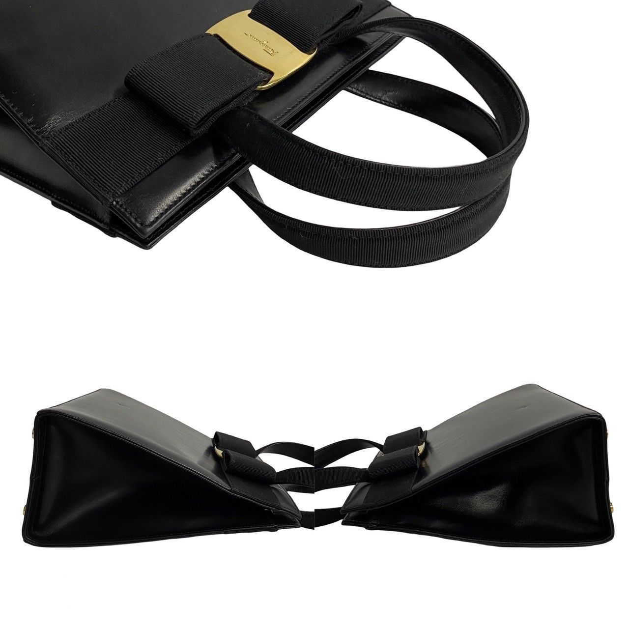 【極美品】フェラガモ ハンドバッグ ヴァラリボン ロゴ 金具 ブラック レザー 極 美品 Salvatore Ferragamo サルヴァトーレフェラガモ ヴァラ