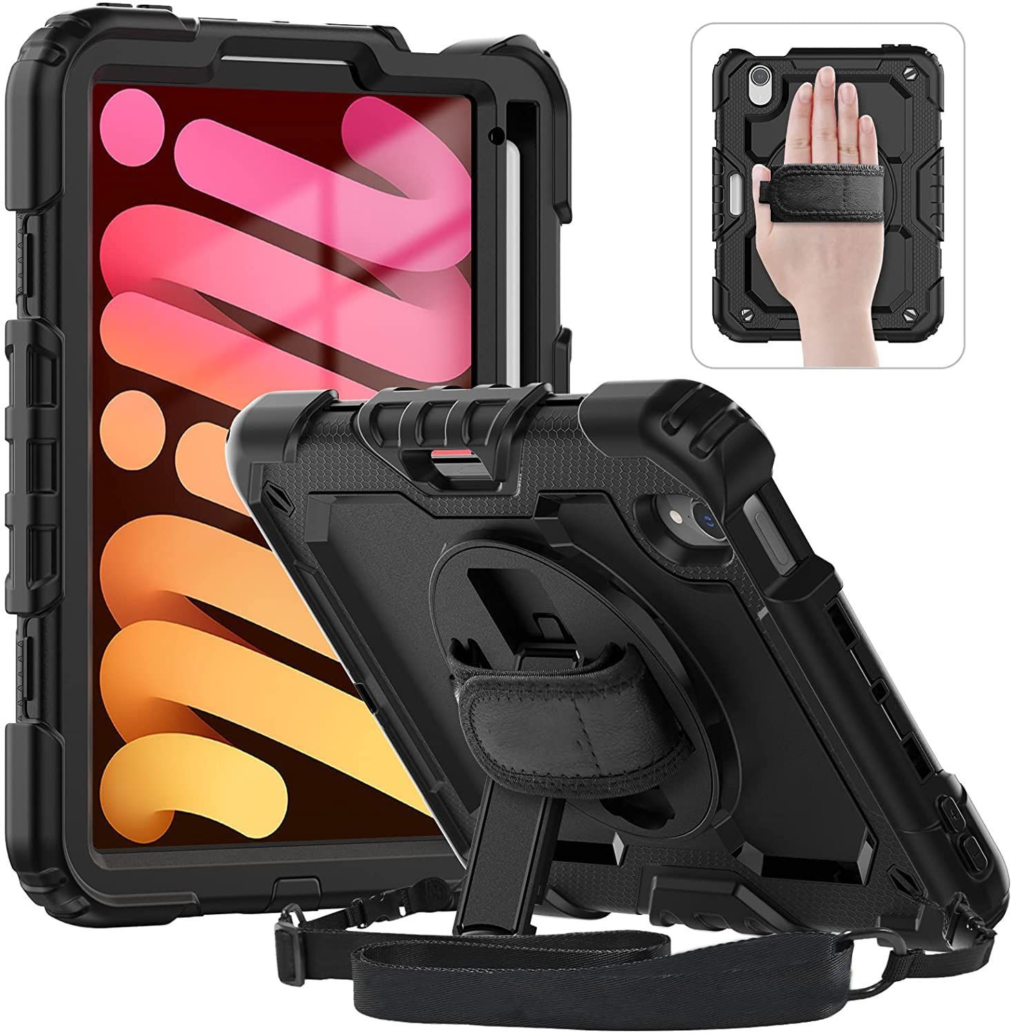 ハンドホルダー 縦置き 耐衝撃 スタンド 回転 防塵 360度 Pencil収納 肩掛けー ペンホルダー 保護フィルム付き ストラップ カバー ケース 三層 8.3インチ 第6世代 子供 Mini 6 キッズ iPad 持ち